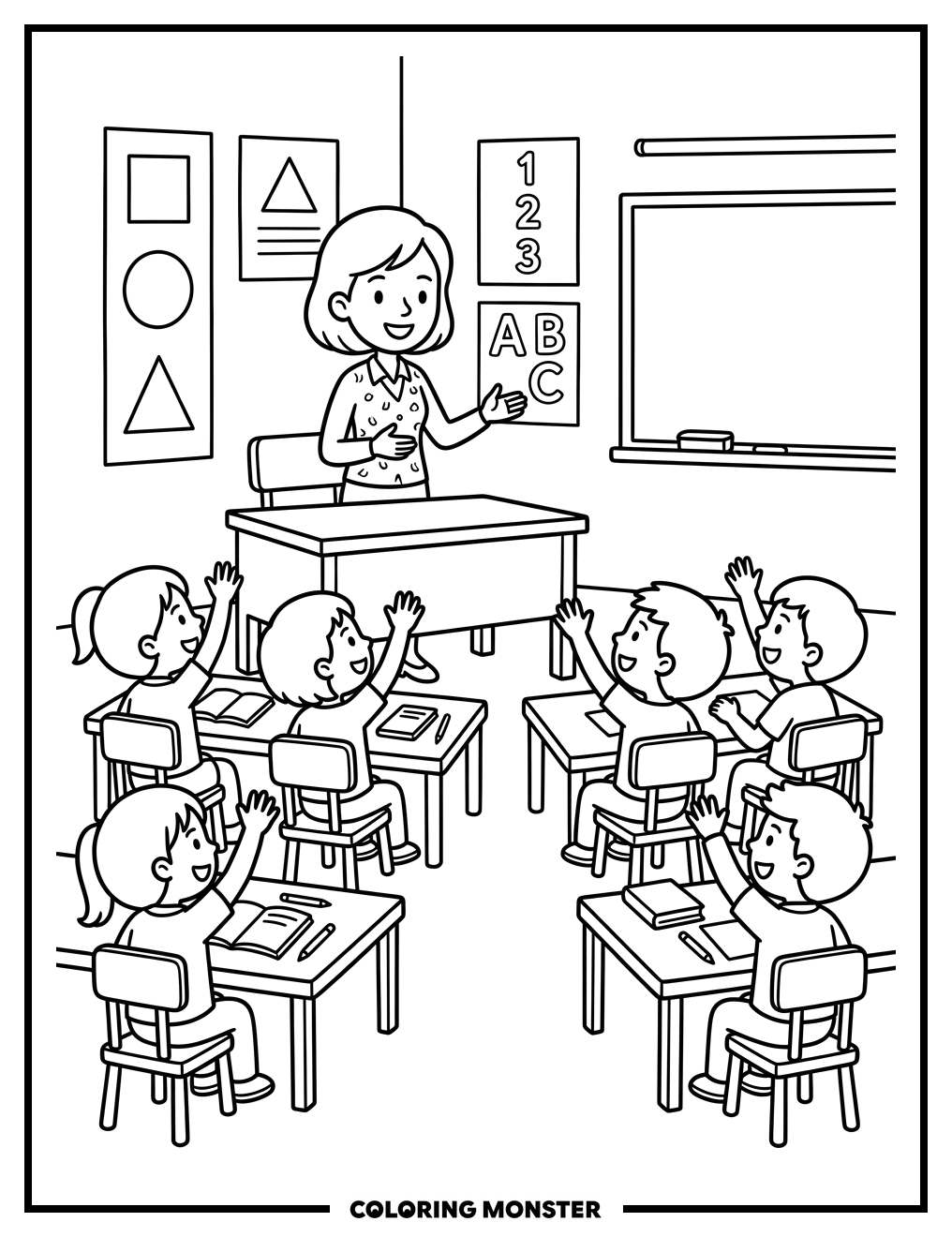 Teacher in a Bright Classroom Coloring Page