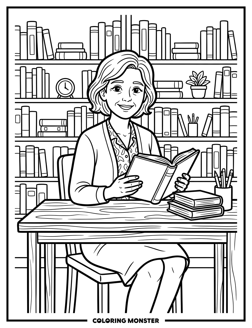 Teacher in Classroom with Books Coloring Page
