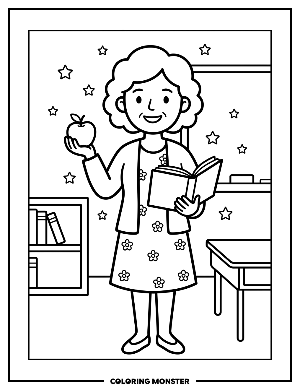 Teacher With Apple And Book Coloring Page