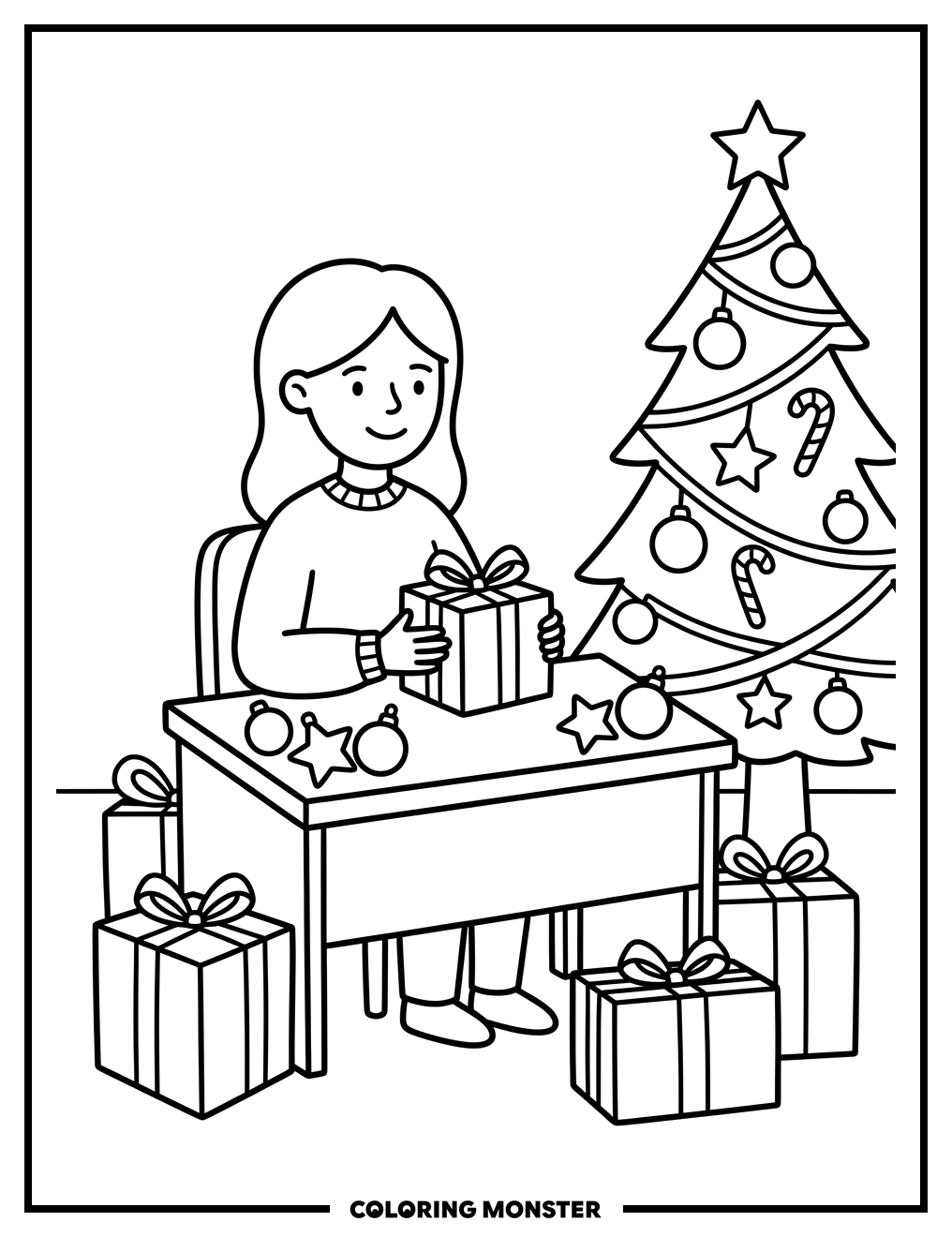 Teacher with Christmas Presents Coloring Page