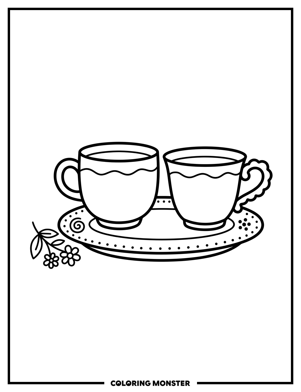 Teacups and Floral Sprig Coloring Page