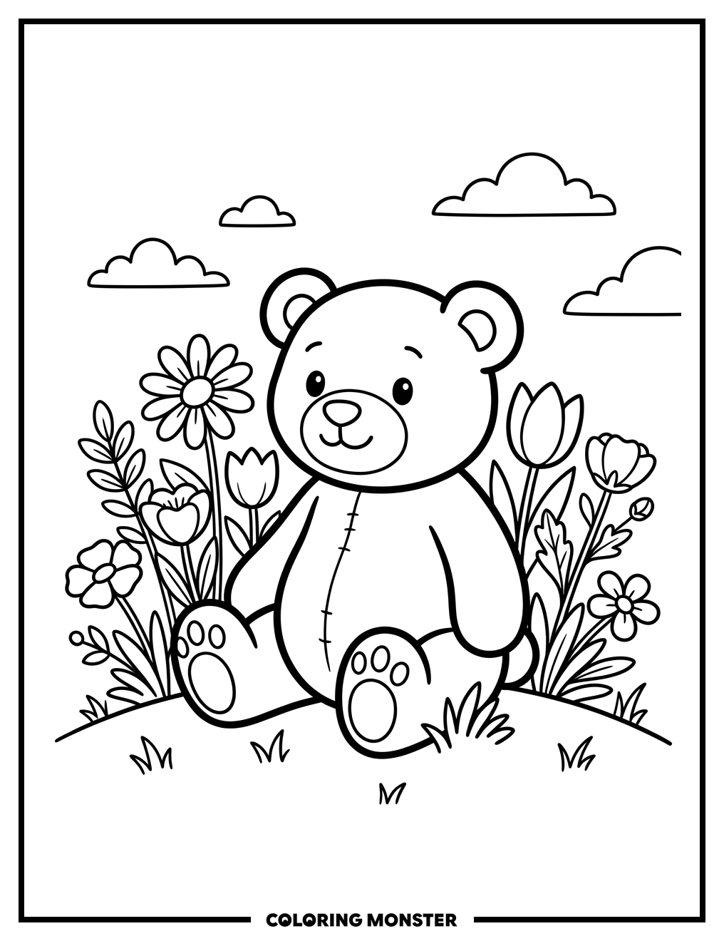 Teddy Bear Among Flowers Coloring Page