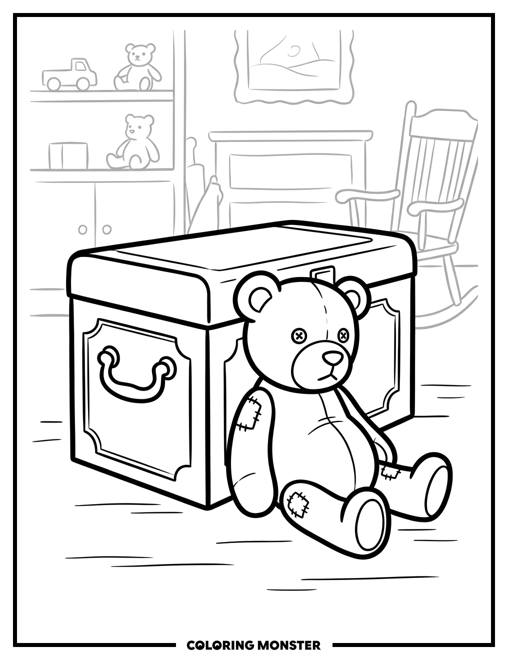 Teddy Bear and Toy Chest Coloring Page