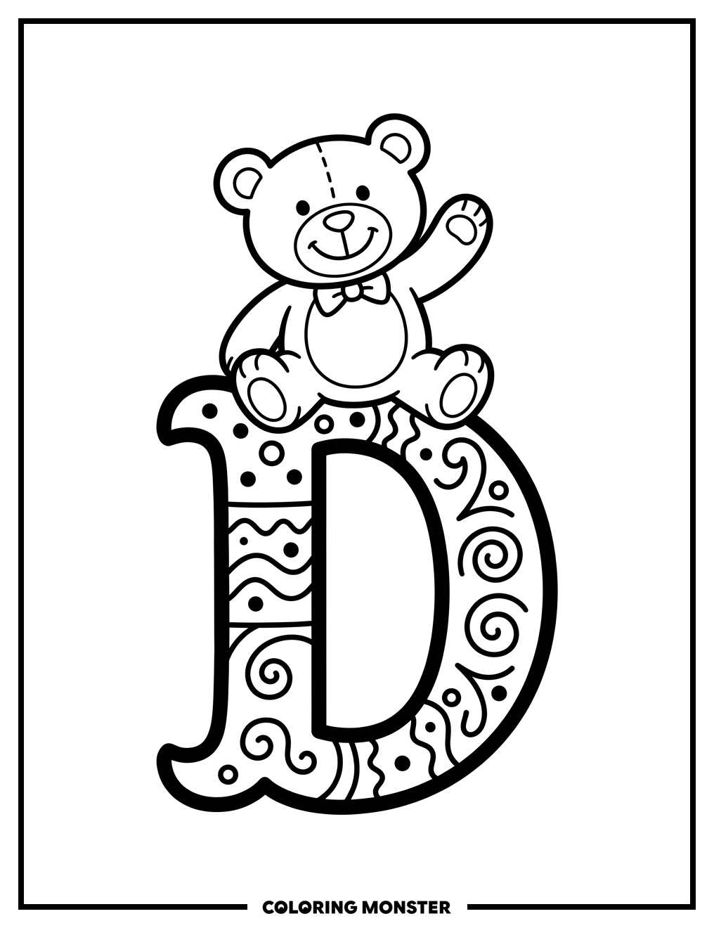 Teddy Bear on Letter D Coloring Page