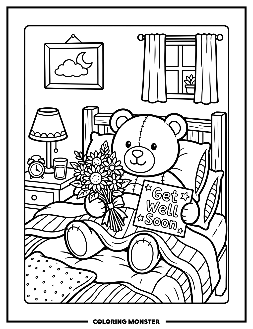 Teddy Bear Recovering With Flowers Coloring Page