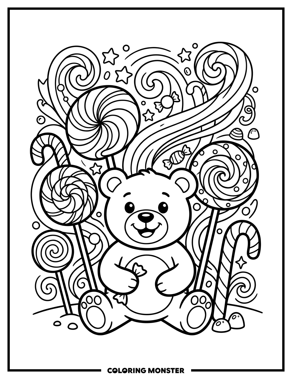 Teddy Bear Surrounded By Candy Coloring Page