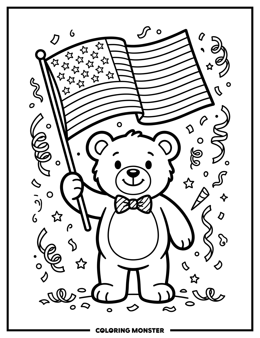 Teddy Bear Waving American Flag Coloring Page