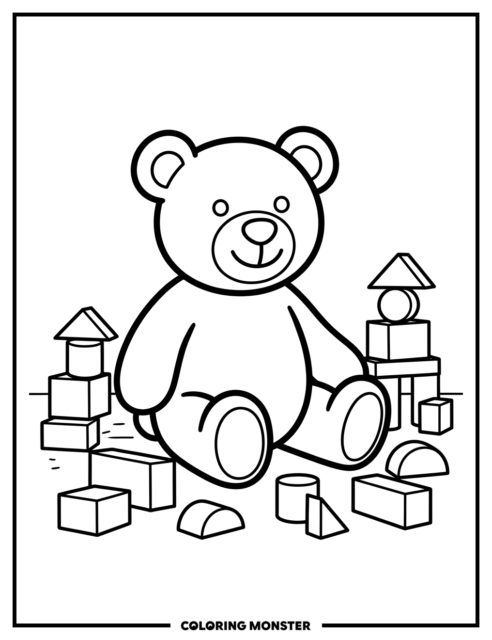 Teddy Bear with Building Blocks Coloring Page