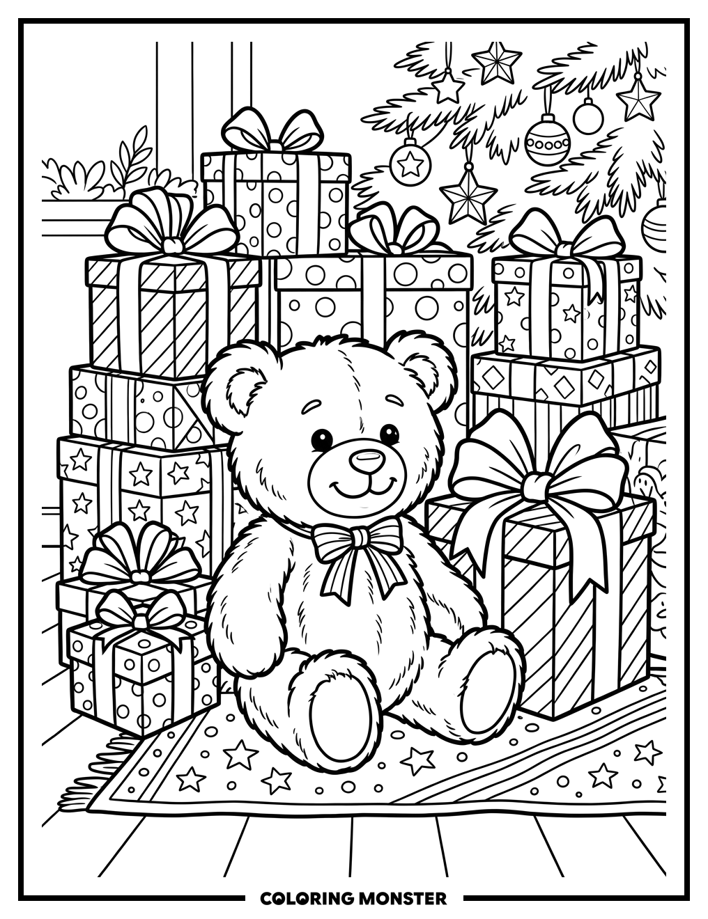 Teddy Bear With Christmas Gifts Coloring Page