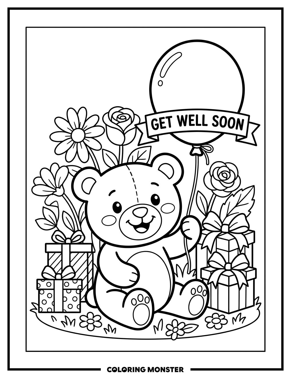 Teddy Bear With Get Well Balloon Coloring Page