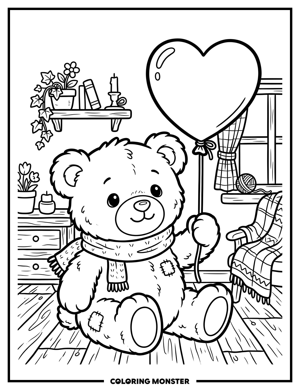 Teddy Bear With Heart Balloon Coloring Page