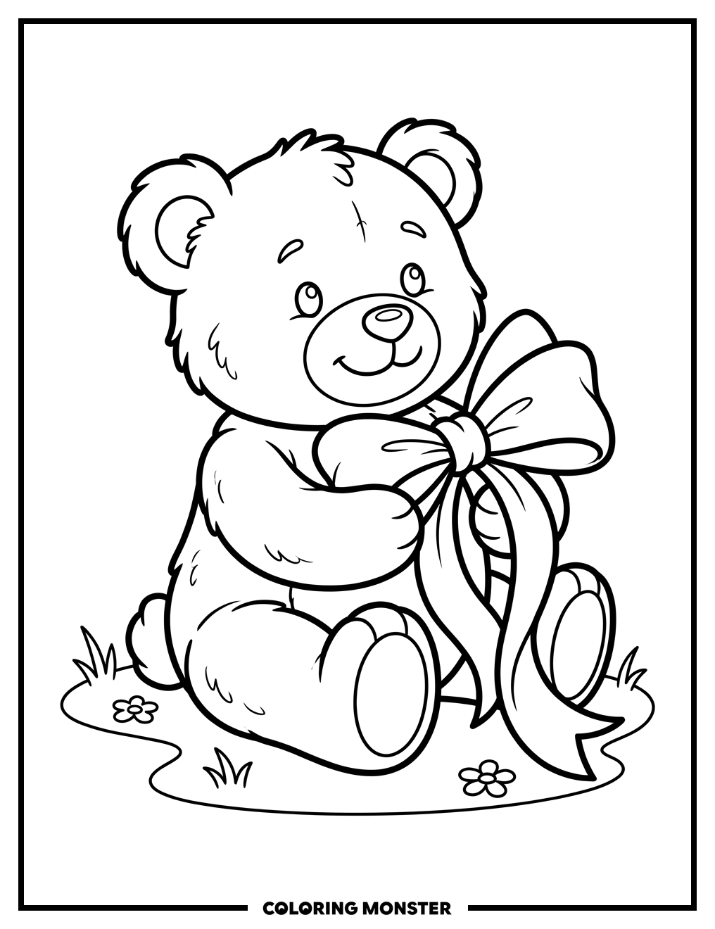 Teddy Bear With Pink Ribbon Coloring Page
