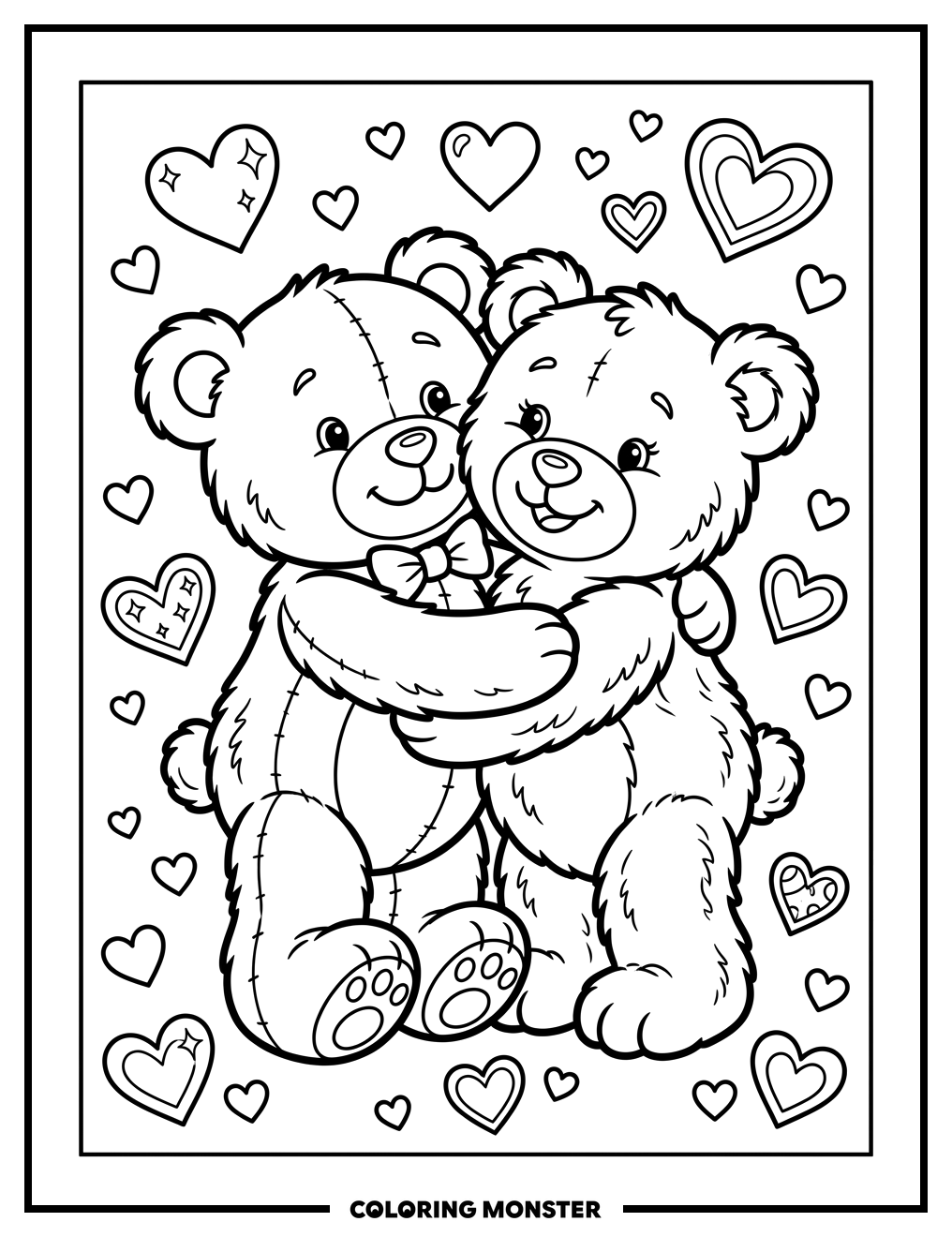 Teddy Bears Hugging With Hearts Coloring Page