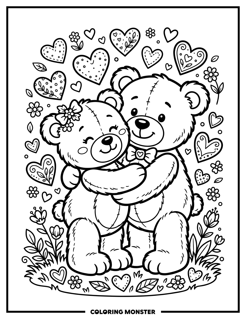 Teddy Bears Hugging with Hearts Coloring Page