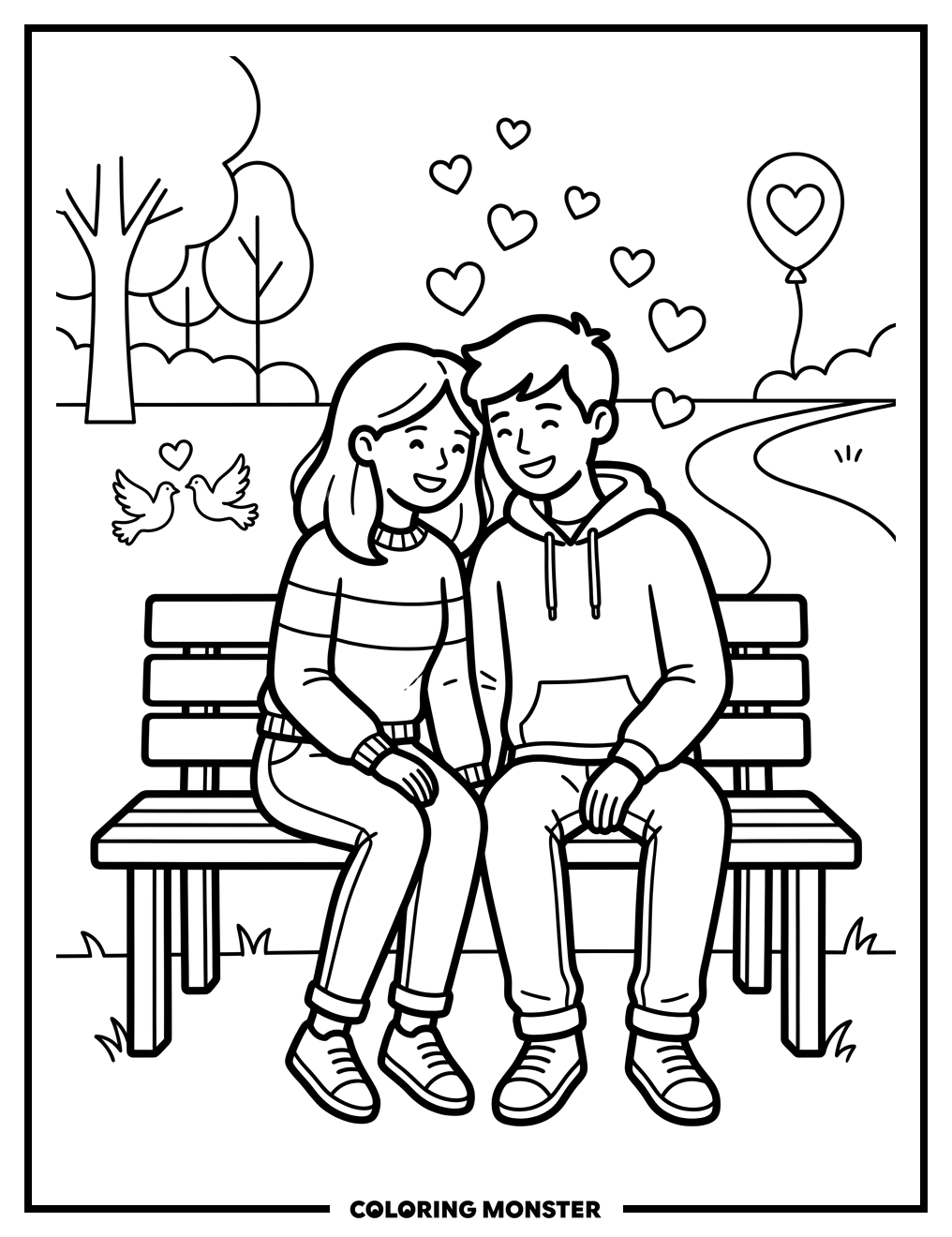 Teen Couple on Park Bench Coloring Page