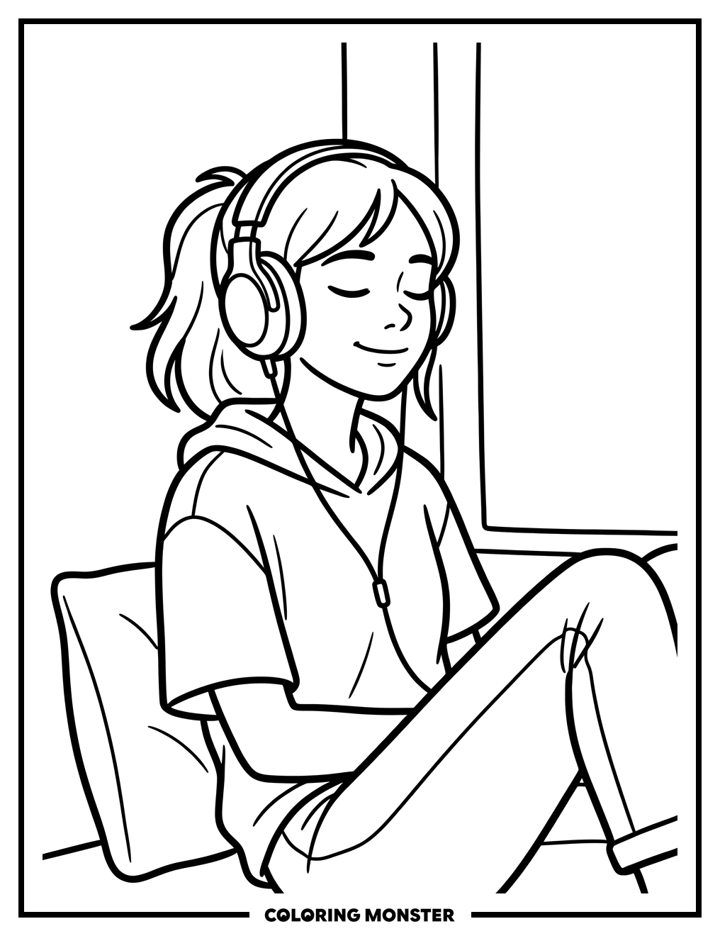 Teen Girl Listening to Music Coloring Page