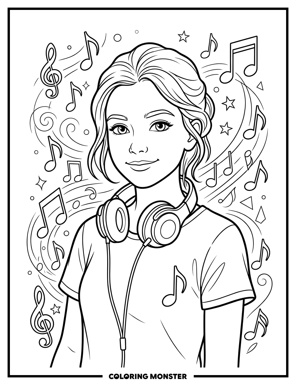 Teen Girl with Headphones and Music Notes Coloring Page