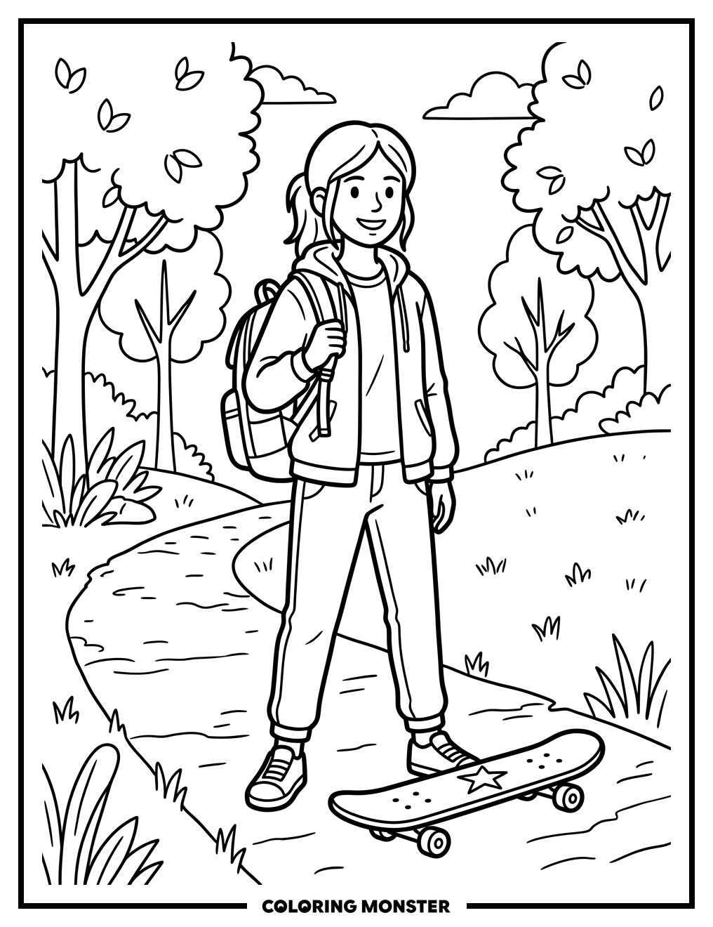 Teen Skateboarder in Park Coloring Page