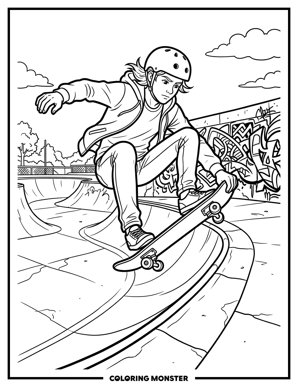 Teen Skateboarder Mid-Trick Coloring Page