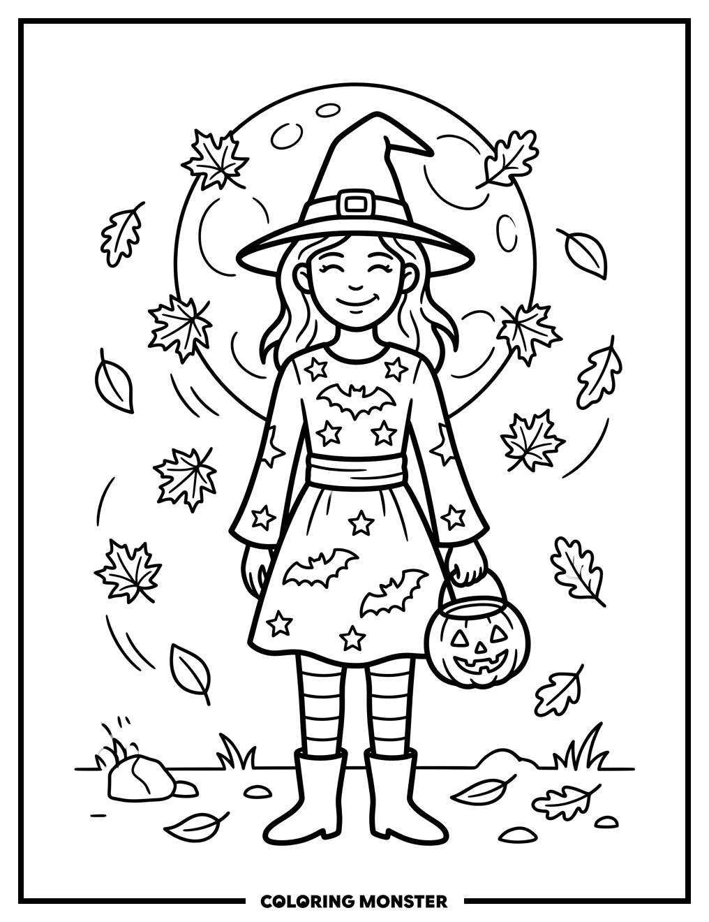 Teen Witch Halloween Scene Coloring Page