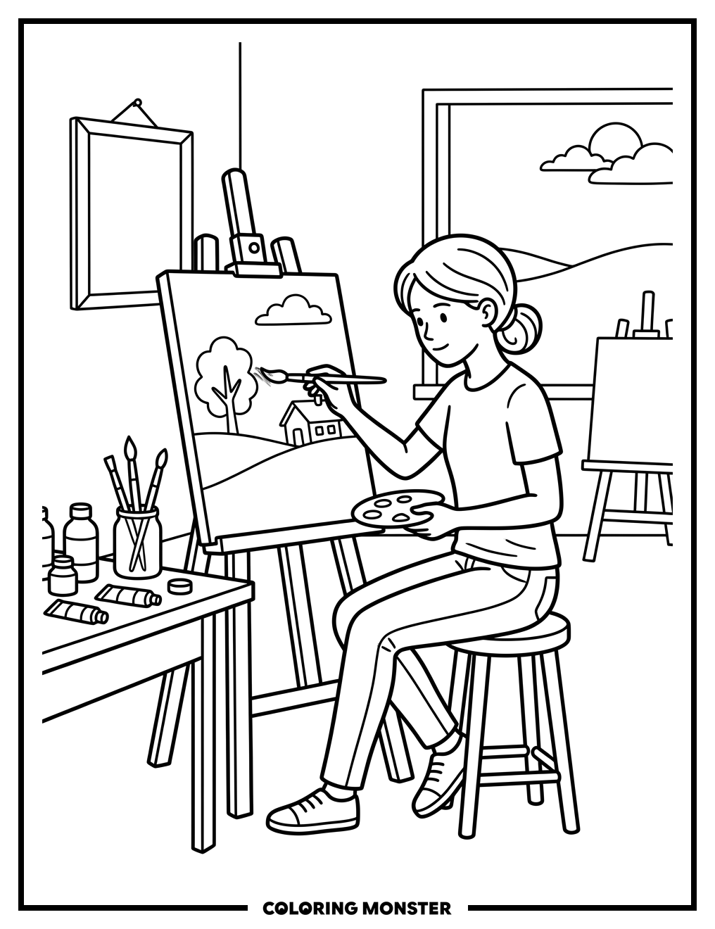 Teenage Artist Painting a Landscape Coloring Page