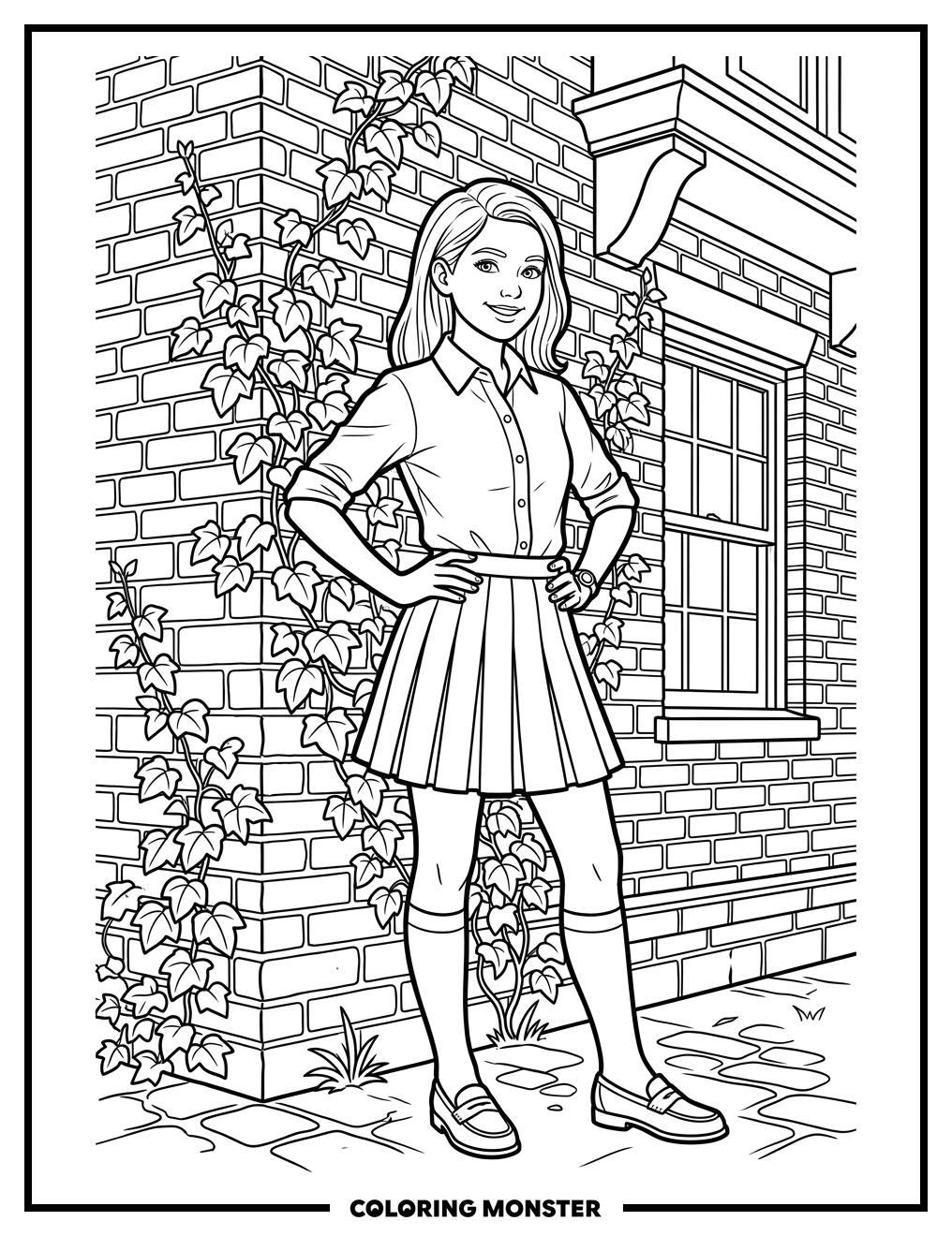 Teenage Girl In Front Of Brick Building Coloring Page