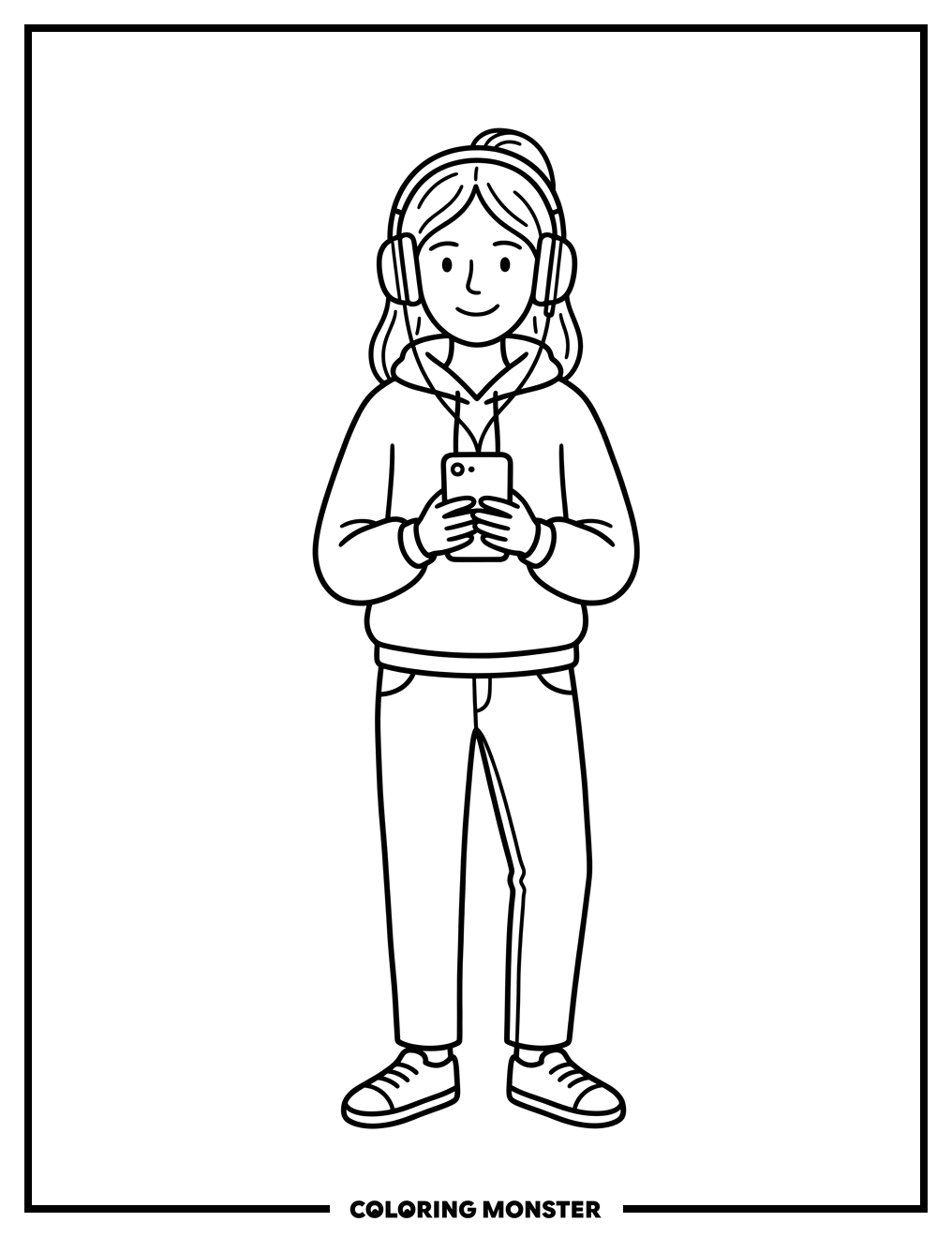 Teenage Girl Listening to Music Coloring Page