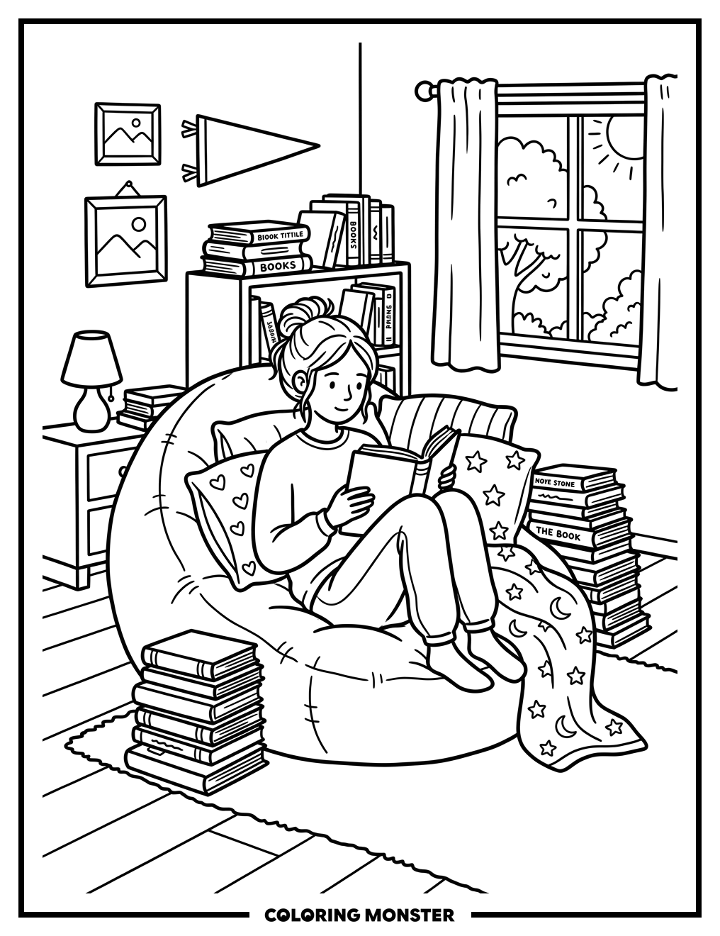Teenage Girl Reading Book on Beanbag Coloring Page