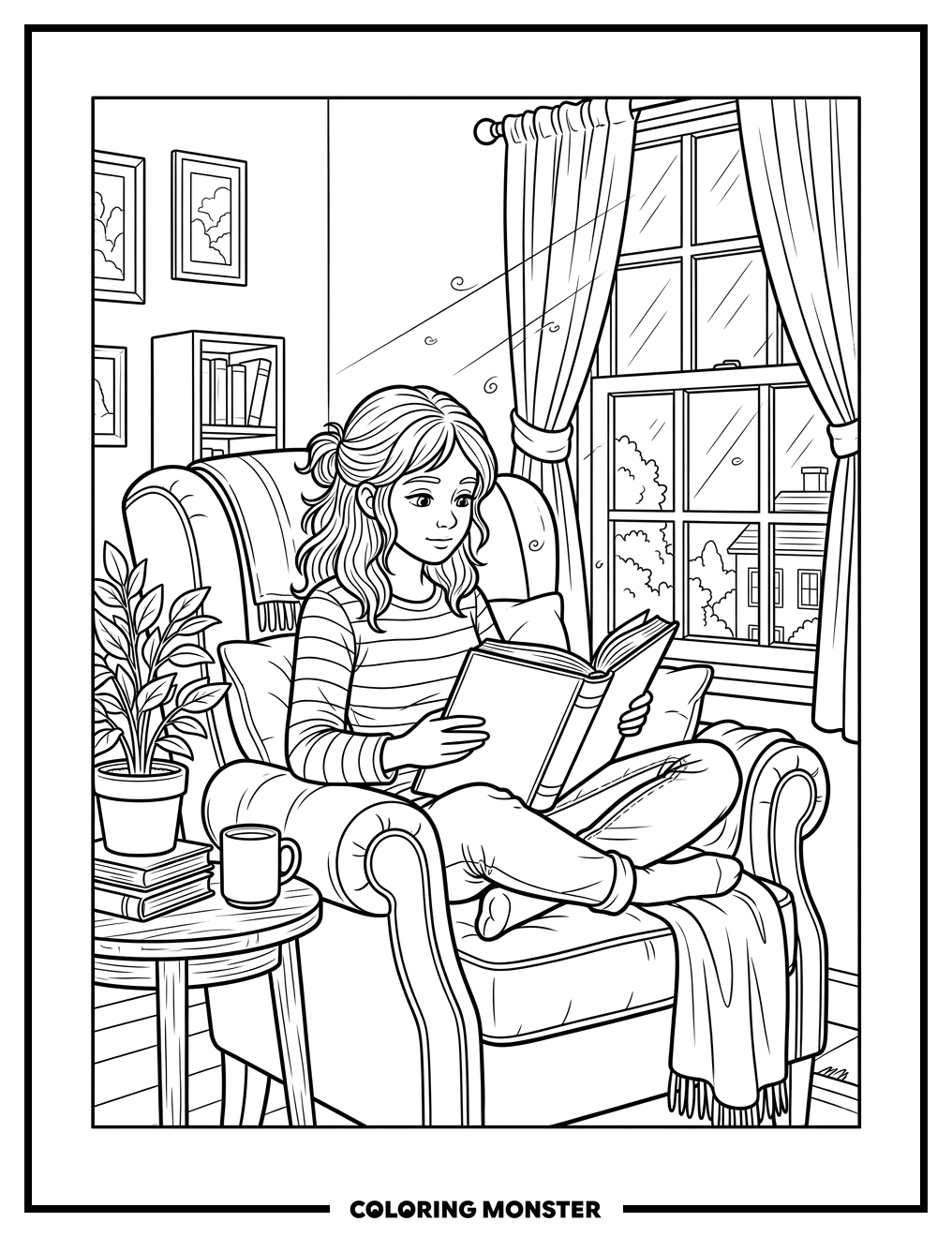 Teenage Girl Reading in Armchair Coloring Page