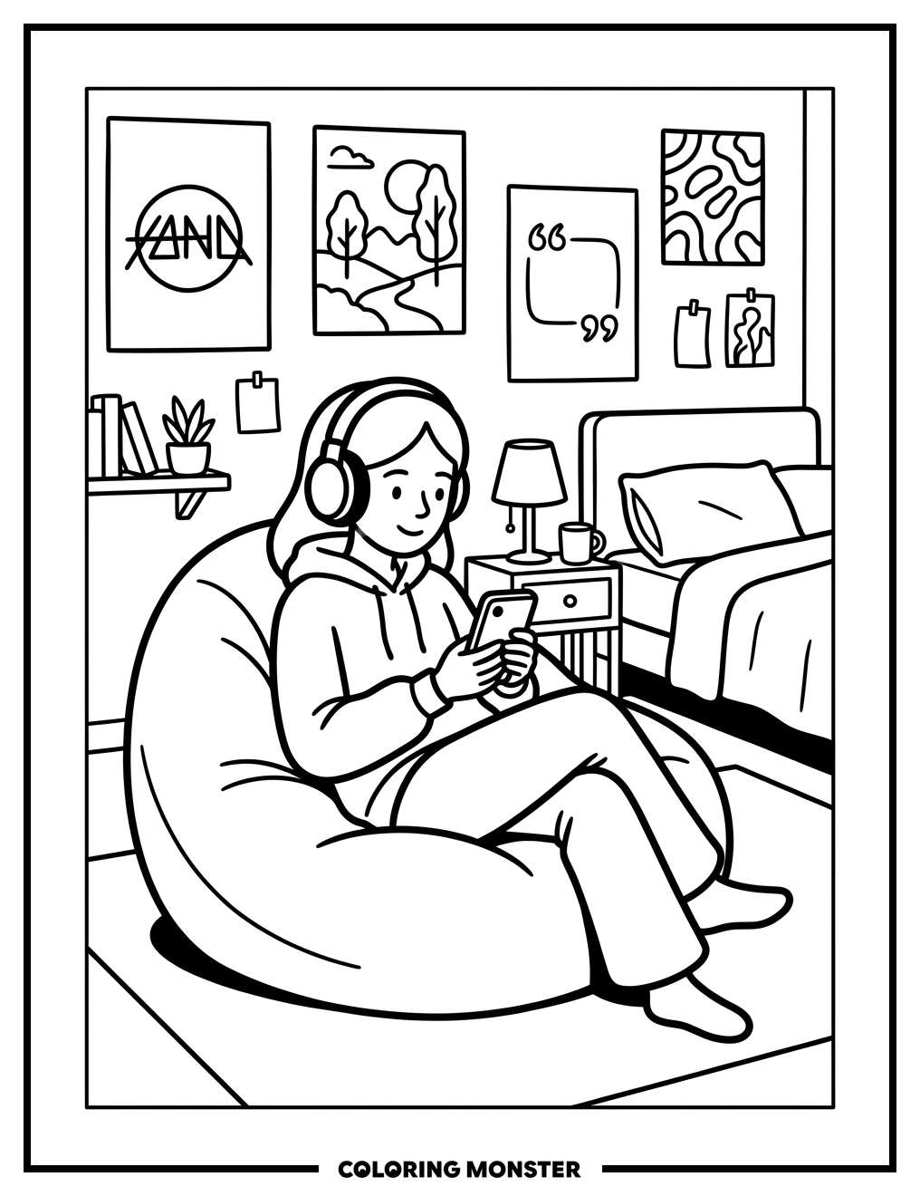 Teenage Girl with Headphones and Phone Coloring Page