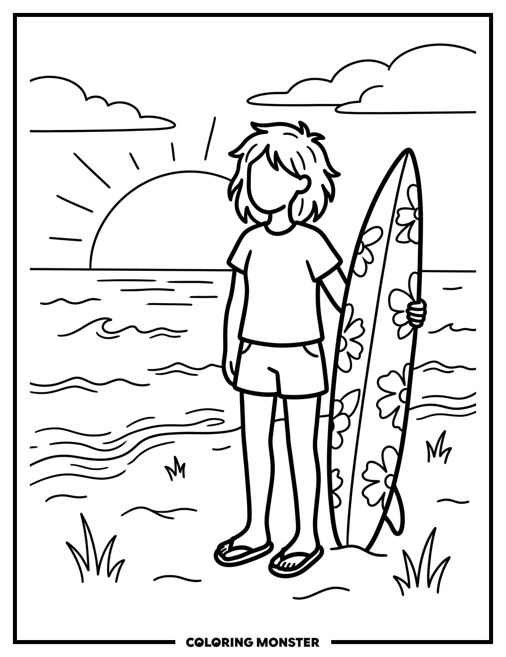 Teenage Girl With Surfboard on Beach Coloring Page