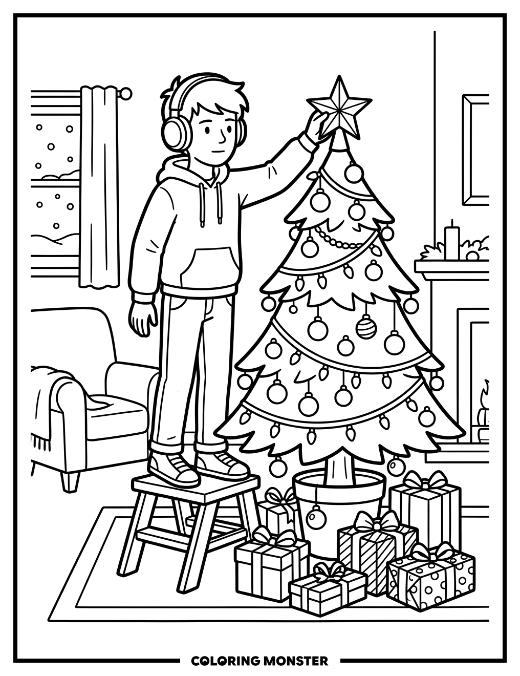 Teenager Decorates Christmas Tree Coloring Page