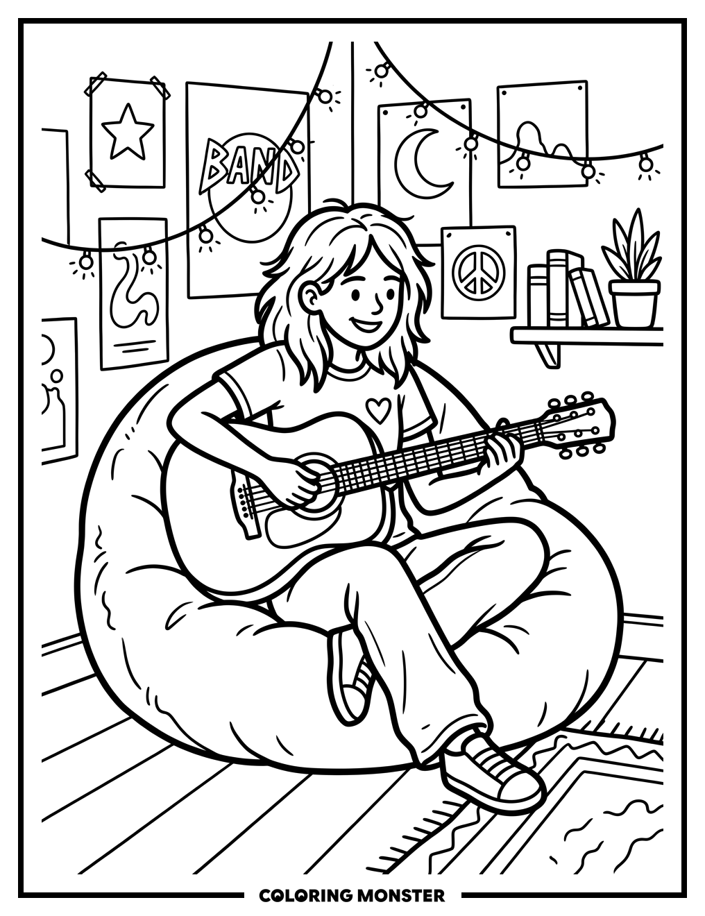 Teenager Playing Guitar on Beanbag Coloring Page