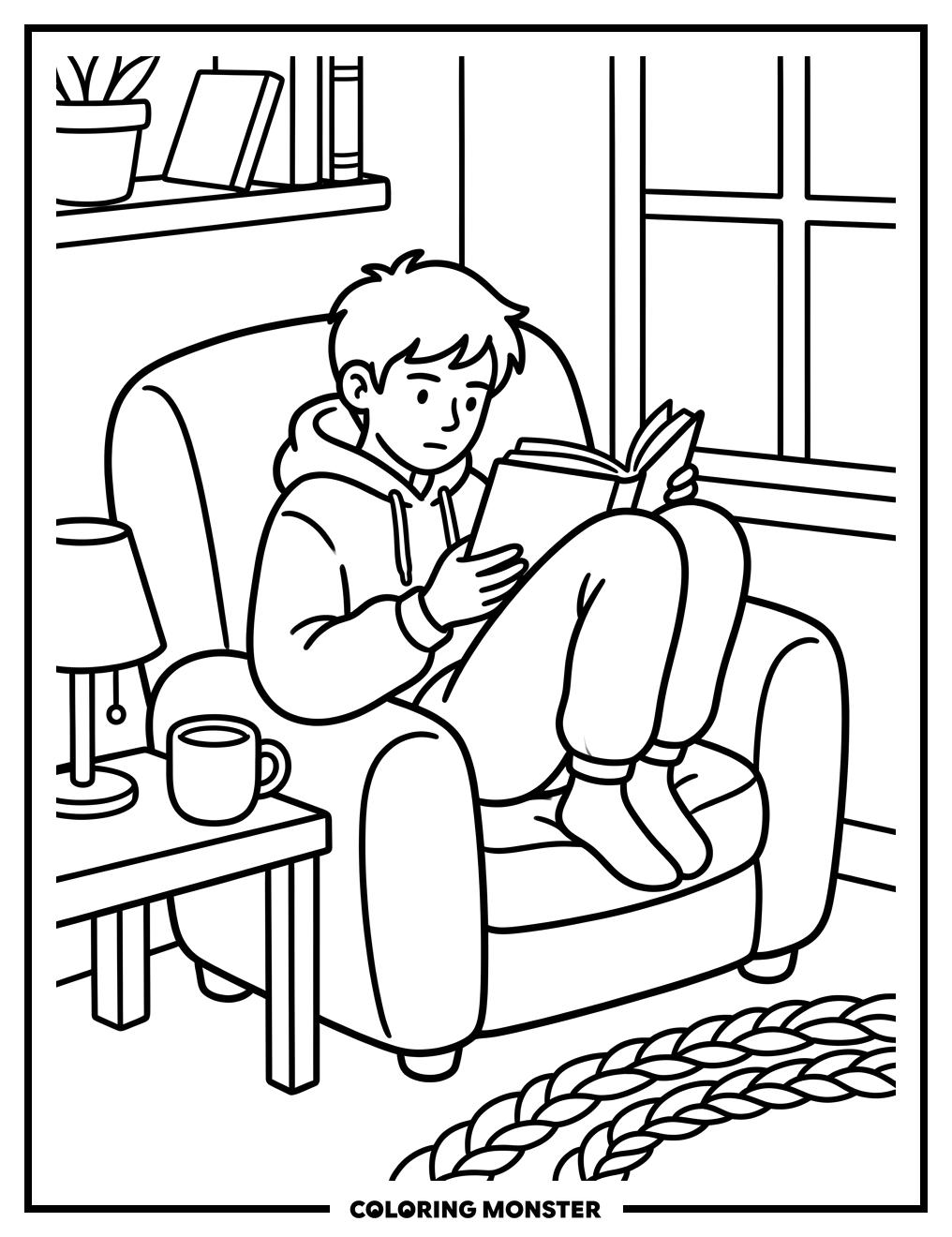 Teenager Reading in Cozy Armchair Coloring Page