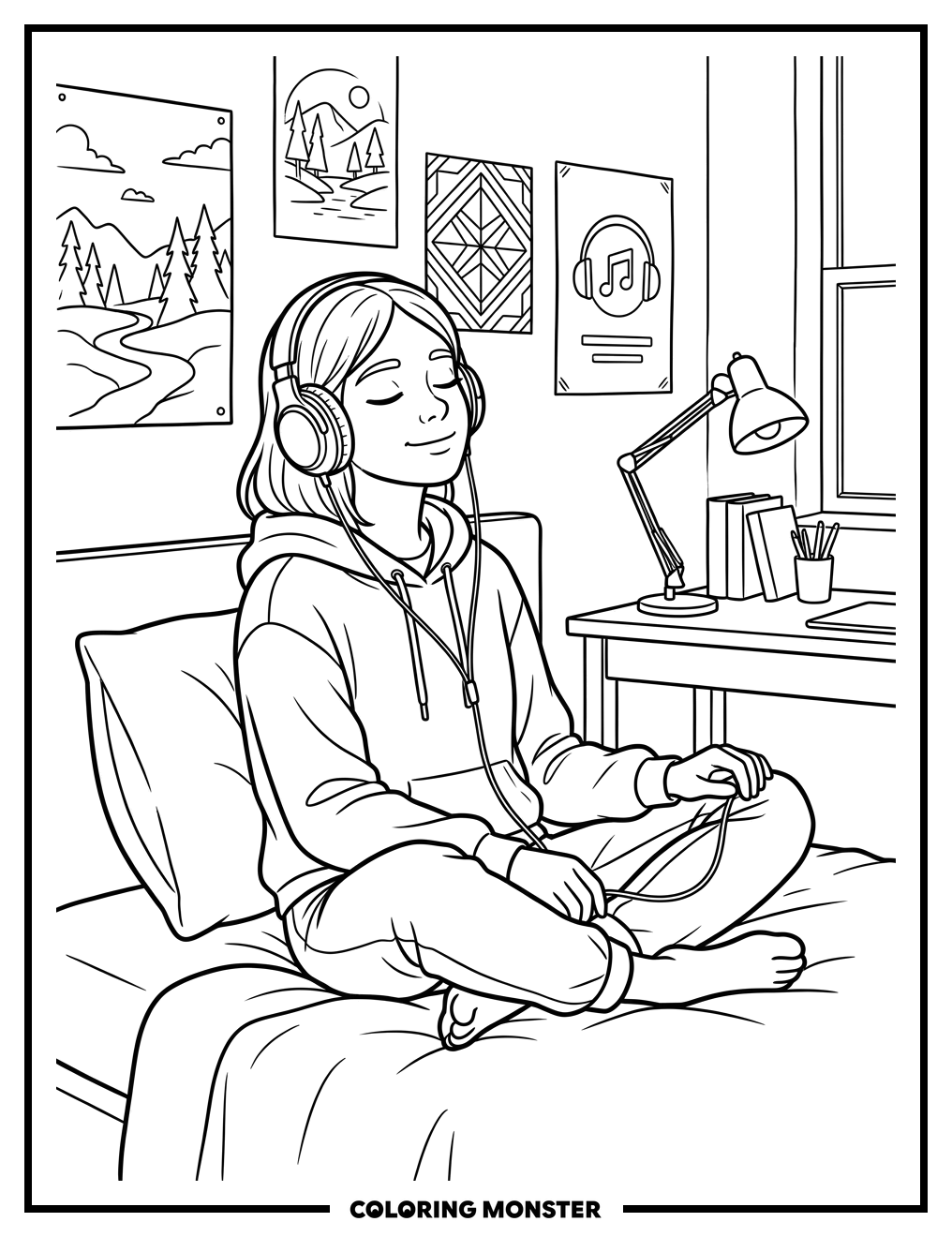 Teenager Relaxing in Bedroom Coloring Page