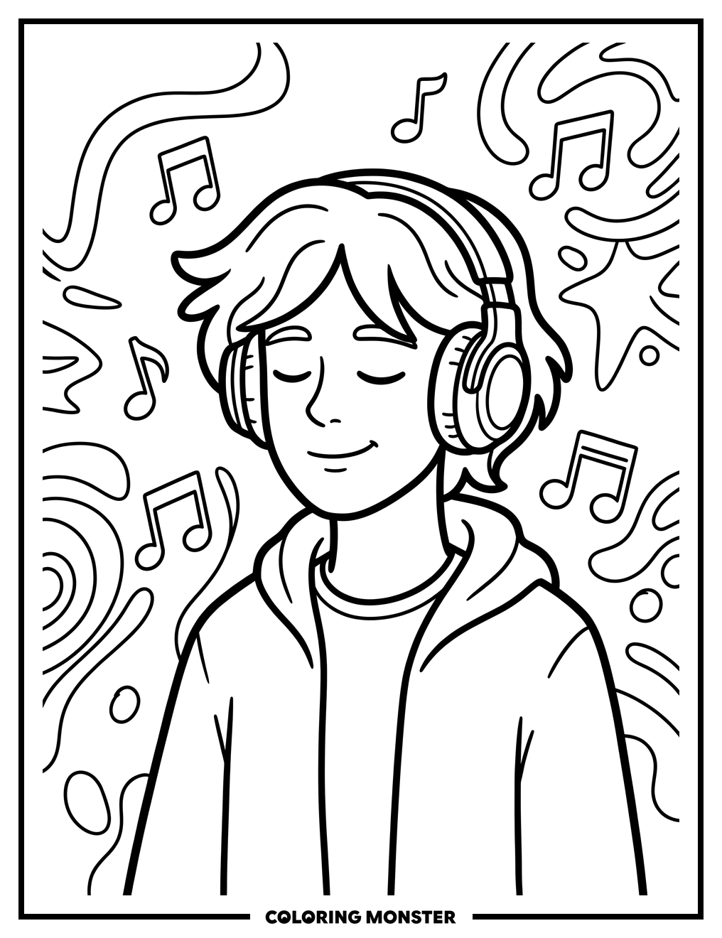 Teenager with Headphones Listening to Music Coloring Page