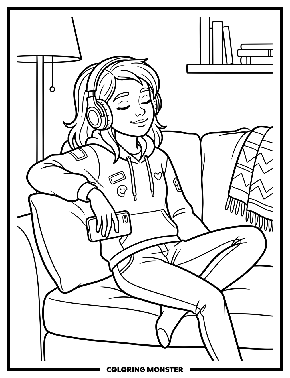 Teenager with Headphones Relaxing Coloring Page