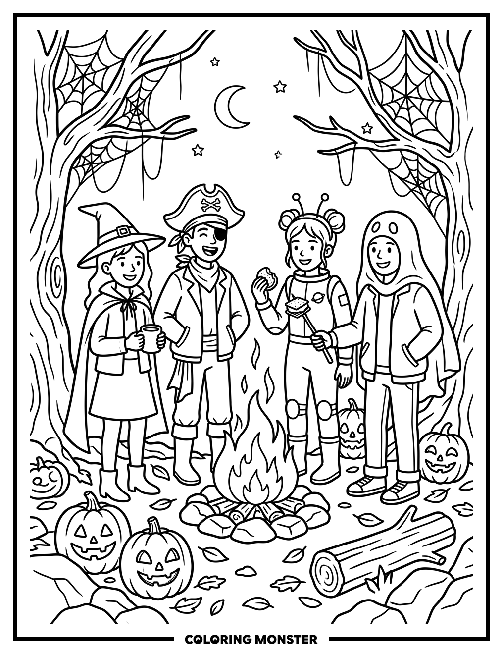 Teenagers Around Halloween Bonfire Coloring Page