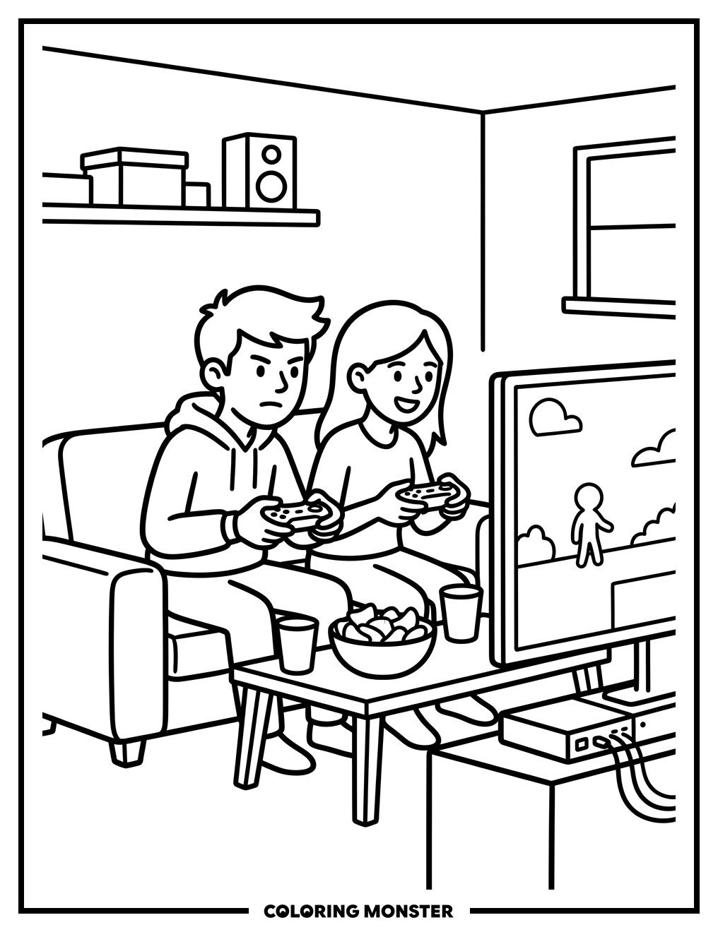 Teenagers Gaming on Couch Coloring Page