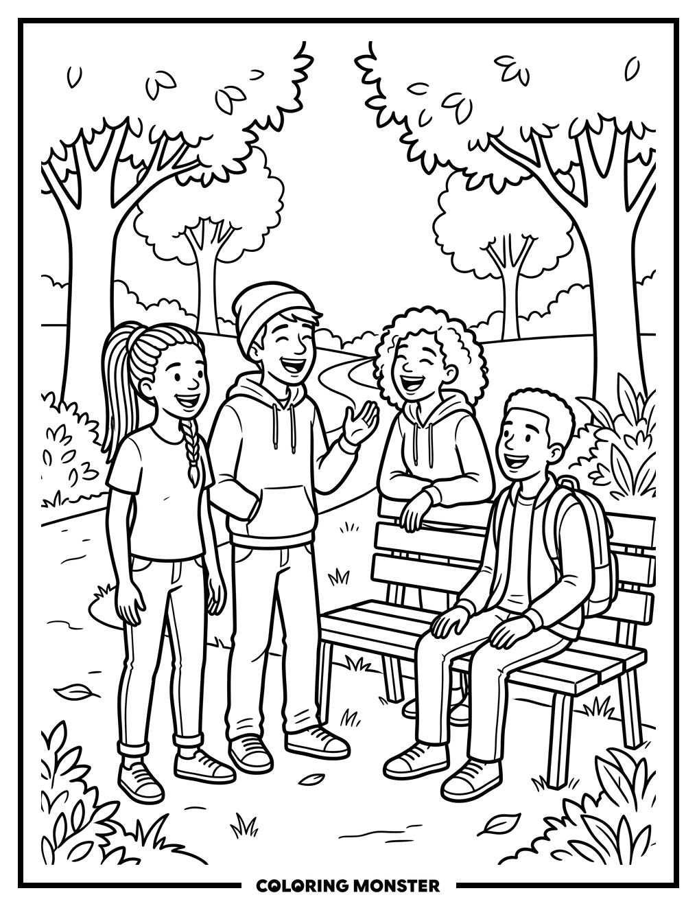 Teenagers Laughing in Park Coloring Page