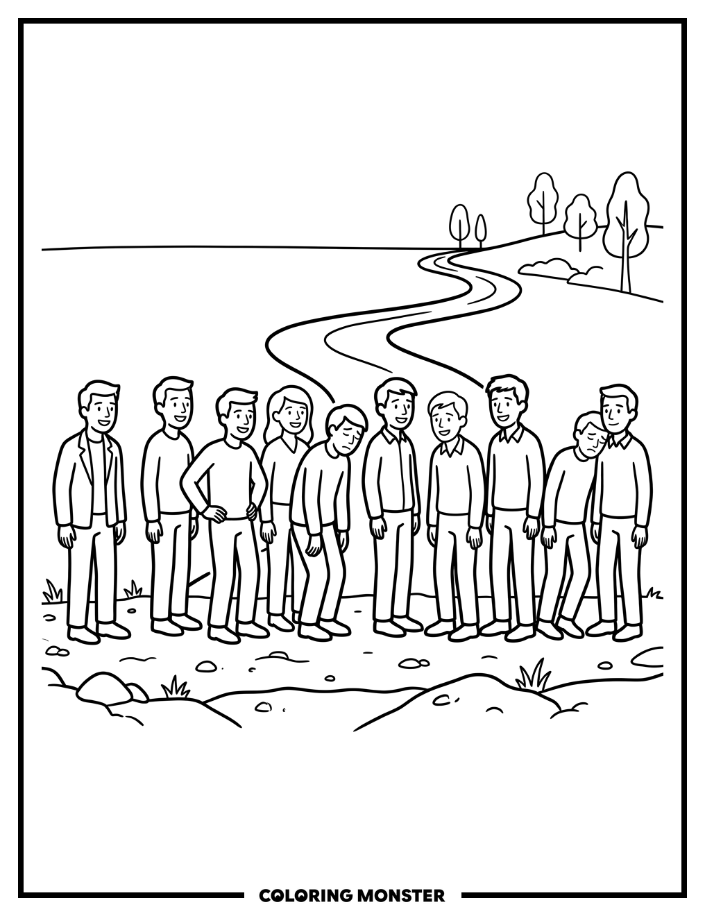 Ten Men in a Line Coloring Page