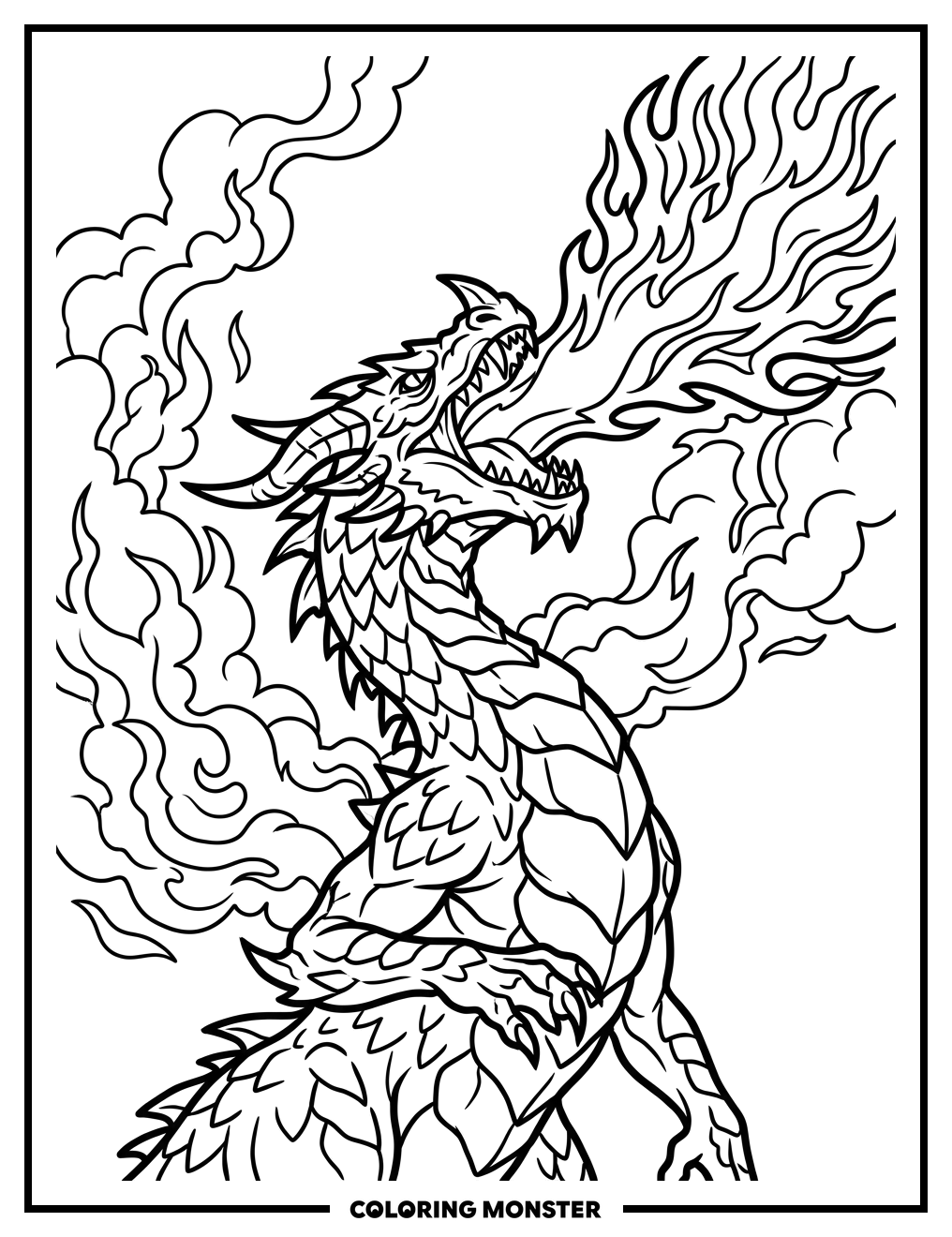 Terrifying Dragon Breathing Fire Coloring Page