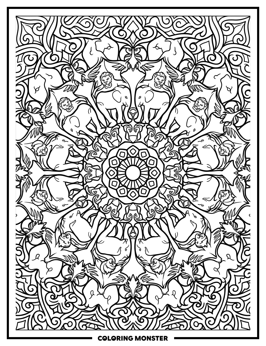 Tessellating Animals Mandala Coloring Page