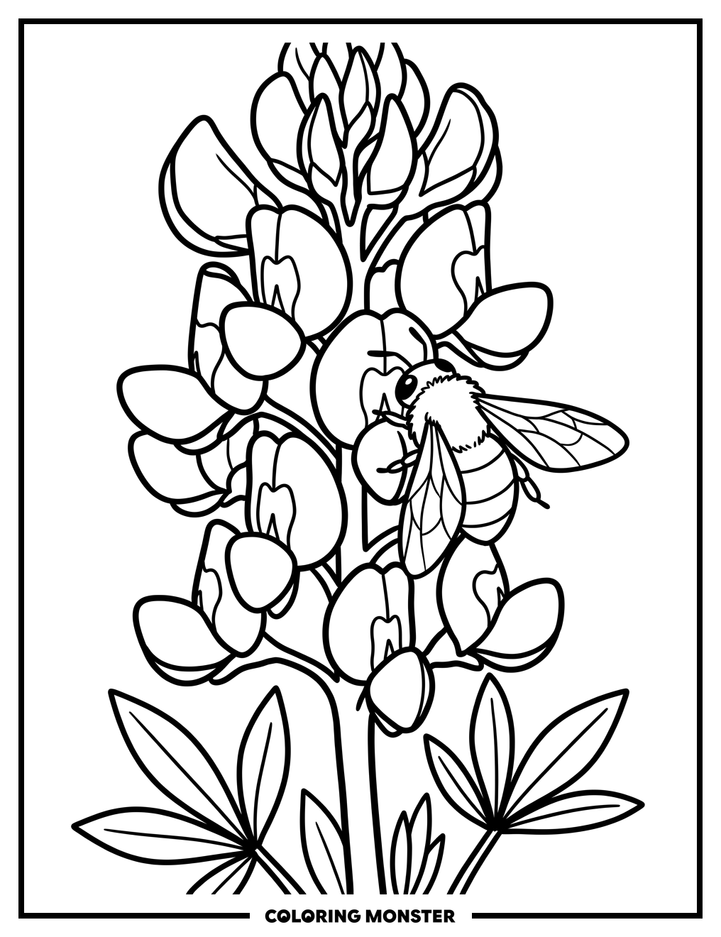 Texas Bluebonnet and Bee Coloring Page