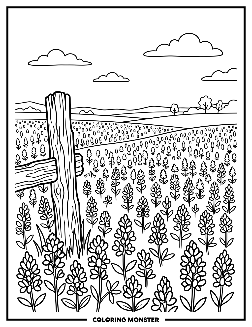 Texas Bluebonnet Field With Fence Post Coloring Page