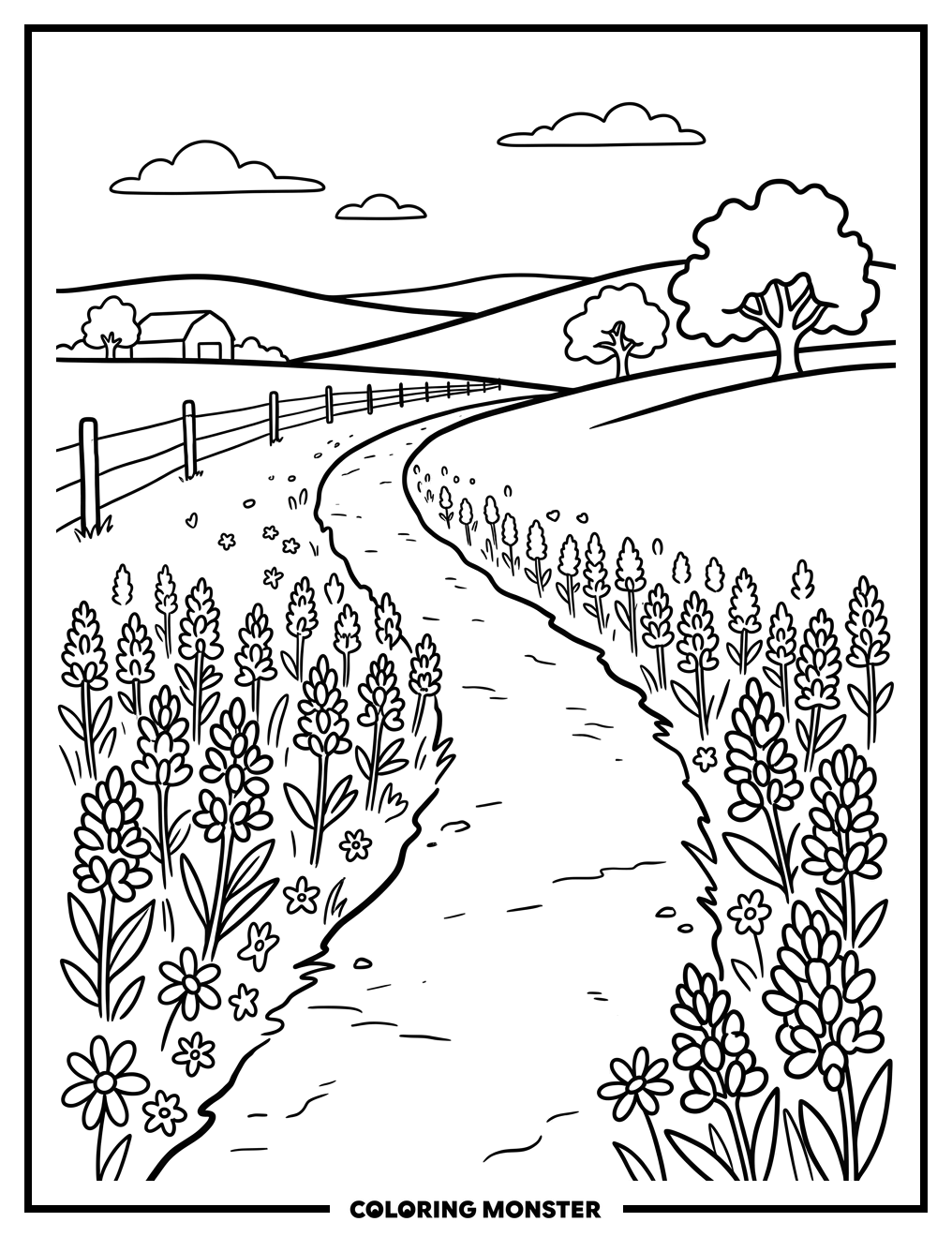 Texas Bluebonnets Beside A Dirt Path Coloring Page