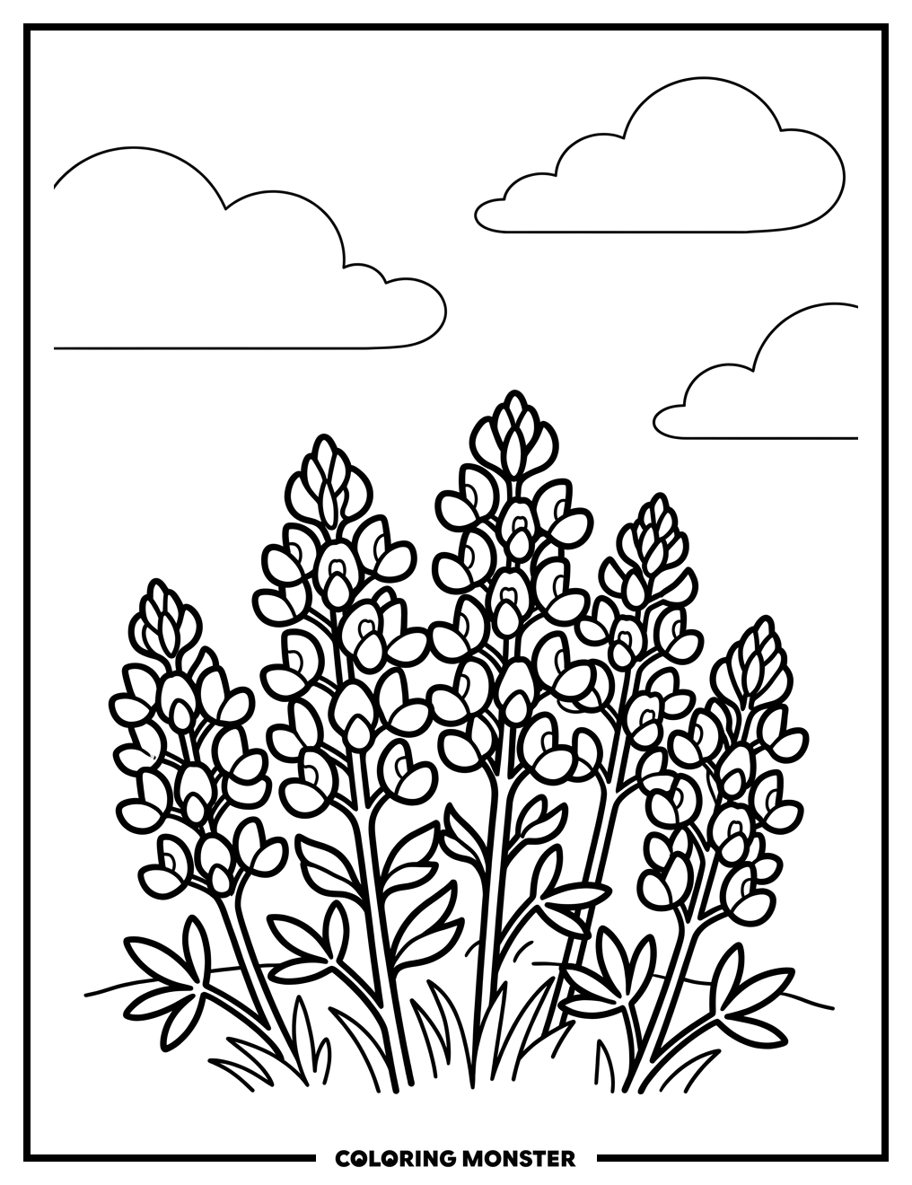 Texas Bluebonnets in Open Sky Coloring Page