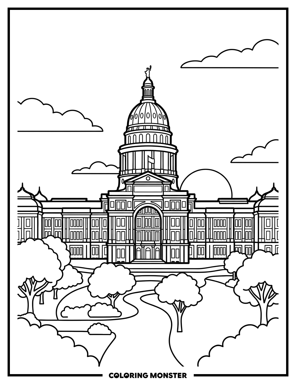 Texas Capitol Silhouette Sunset Coloring Page