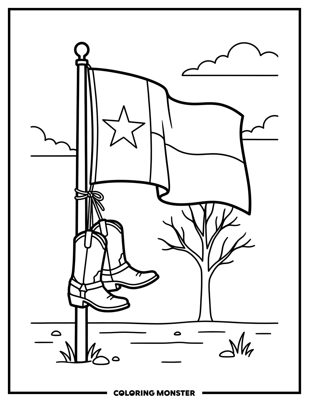 Texas Flag and Cowboy Boots Coloring Page
