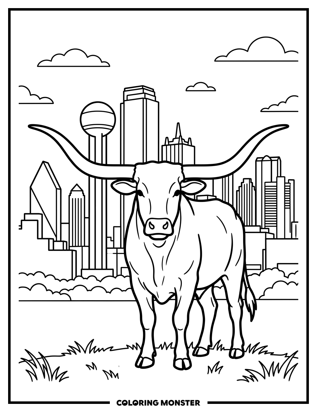 Texas Longhorn at Dallas Skyline Coloring Page
